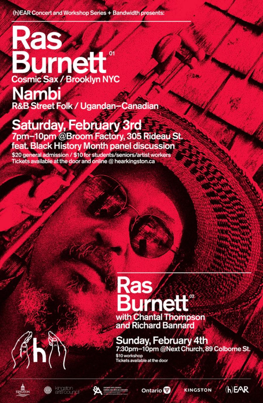 Event poster for Ras Burnett and Nambi at the Broom Factory February 3rd 2024